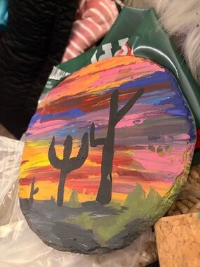 Hand-Painted Desert Sunset Stone Art - Multicolor
